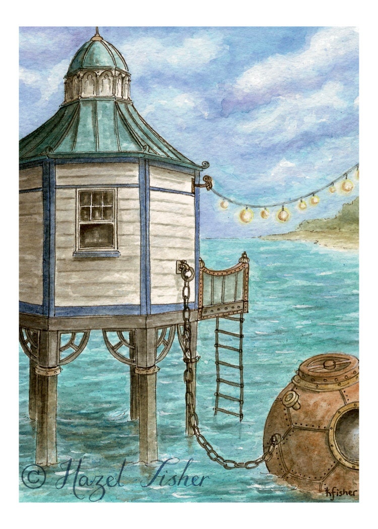 Steampunk Illustration - Diving Station - 5x7 inch Print, Hexley seaside