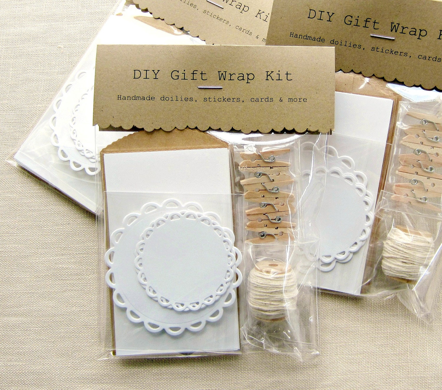 Gift Wrap Kit DIY - Gift Enclosures & Embellishments, Stickers, Baker's Twine, Clothespins, Paper Doilies, Labels, DIY Craft Kit