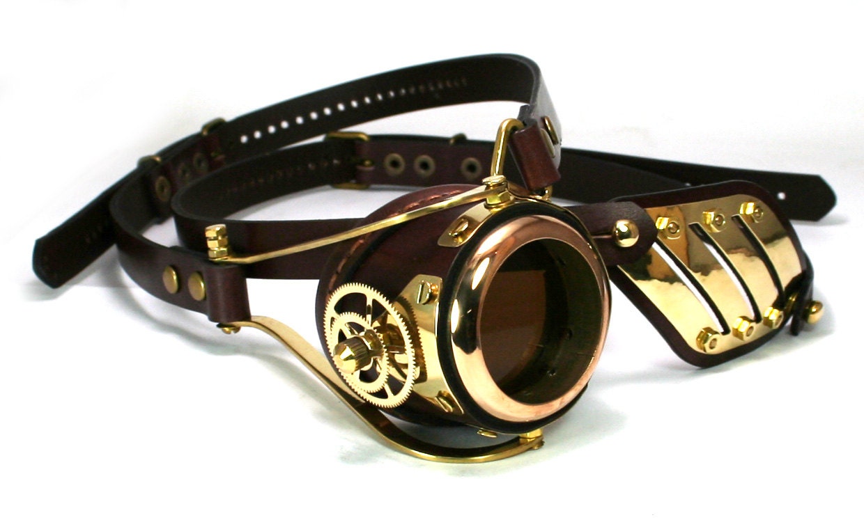 STEAMPUNK MONOGOGGLE and EYEPATCH  brown leather polished brass gears Flex Solid Frame ///