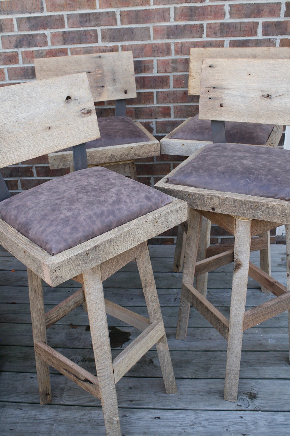 YOUR Custom Reclaimed Rustic and Upholstered Swivel Oak Barn Wood Rectangle 24"- 28" Top Bar Stool with Backs
