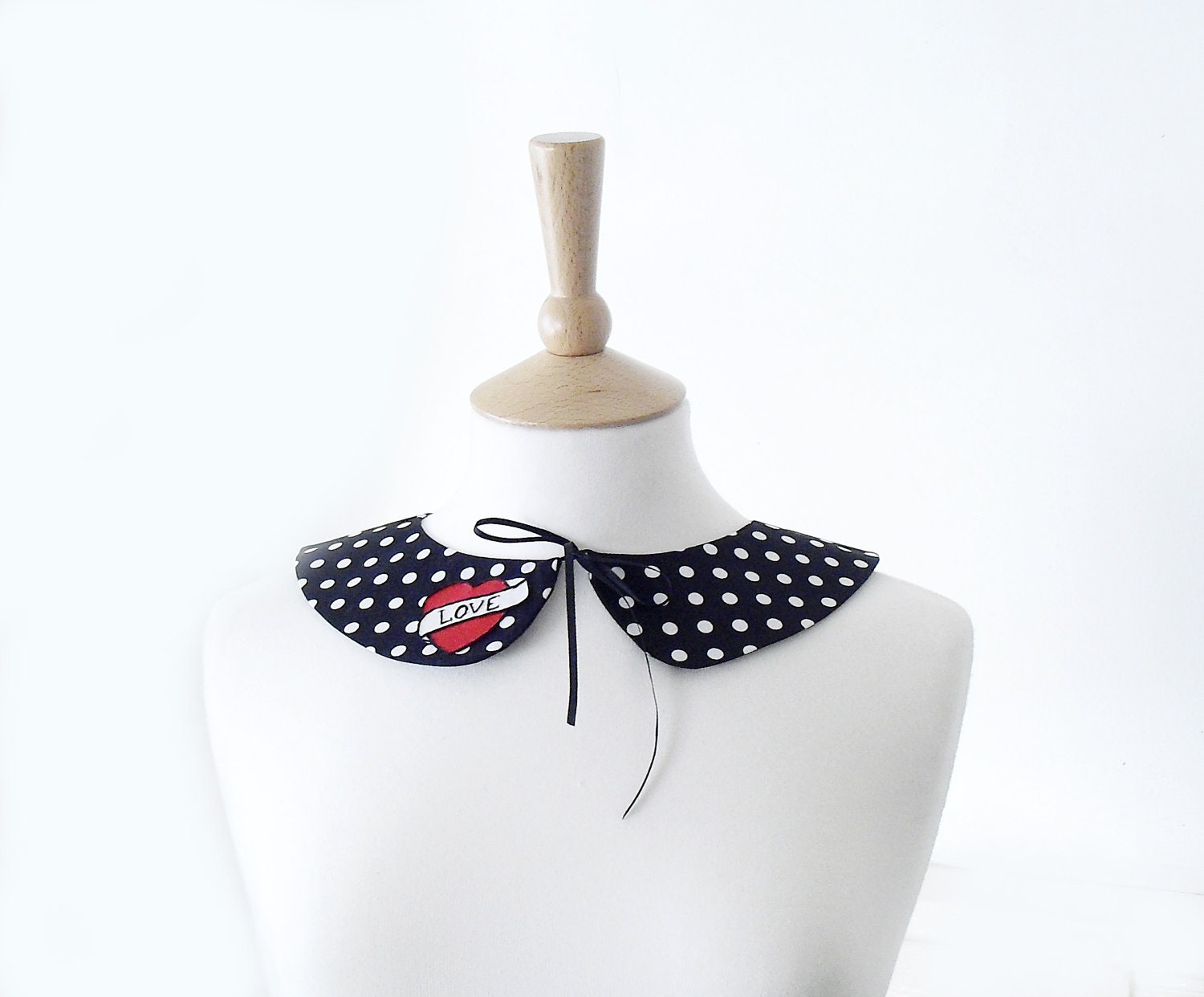 Black and White Polka Dot Peter Pan Collar with Love Tattoo