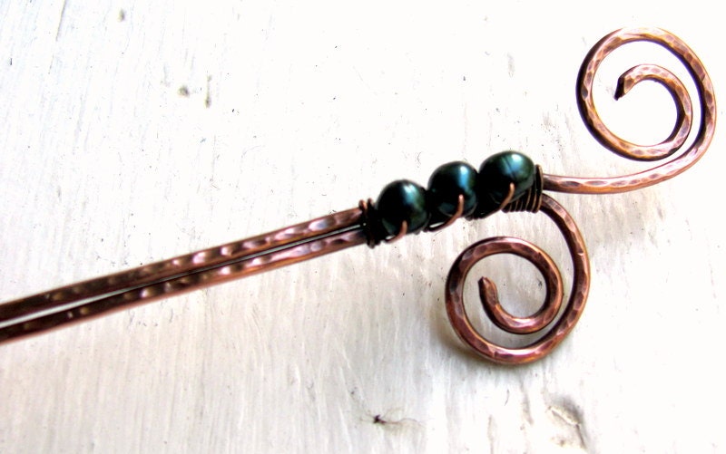 Shawl Pin Scarf Pin Copper and peacock teal freshwater pearls