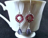 Pinwheel Design- Earrings, Silver, Garnet, Blue Quartz, Wire Wrapped