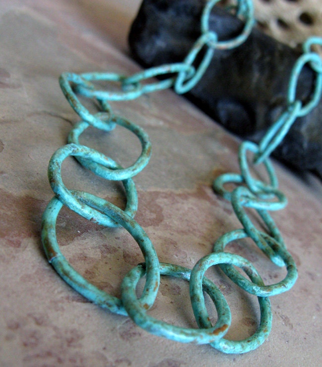Handmade long 29" copper verdigris oval chain. Organic patina jewelry. Large good for layering. Turquoise rustic patinated necklace. Gift
