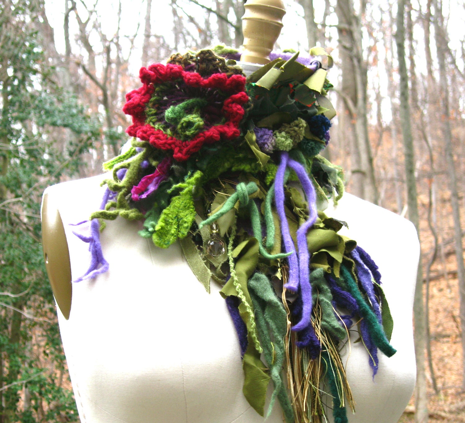 Patchwork wool SCARF/ Neck warmer/ Wrap with crochet flower, tassels and beads