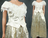 80s Prom Dress M - Vintage Off White Gold Brocade Satin Long Wedding Pageant Formal Gown Size Medium Jessica McClintock FREE US Shipping