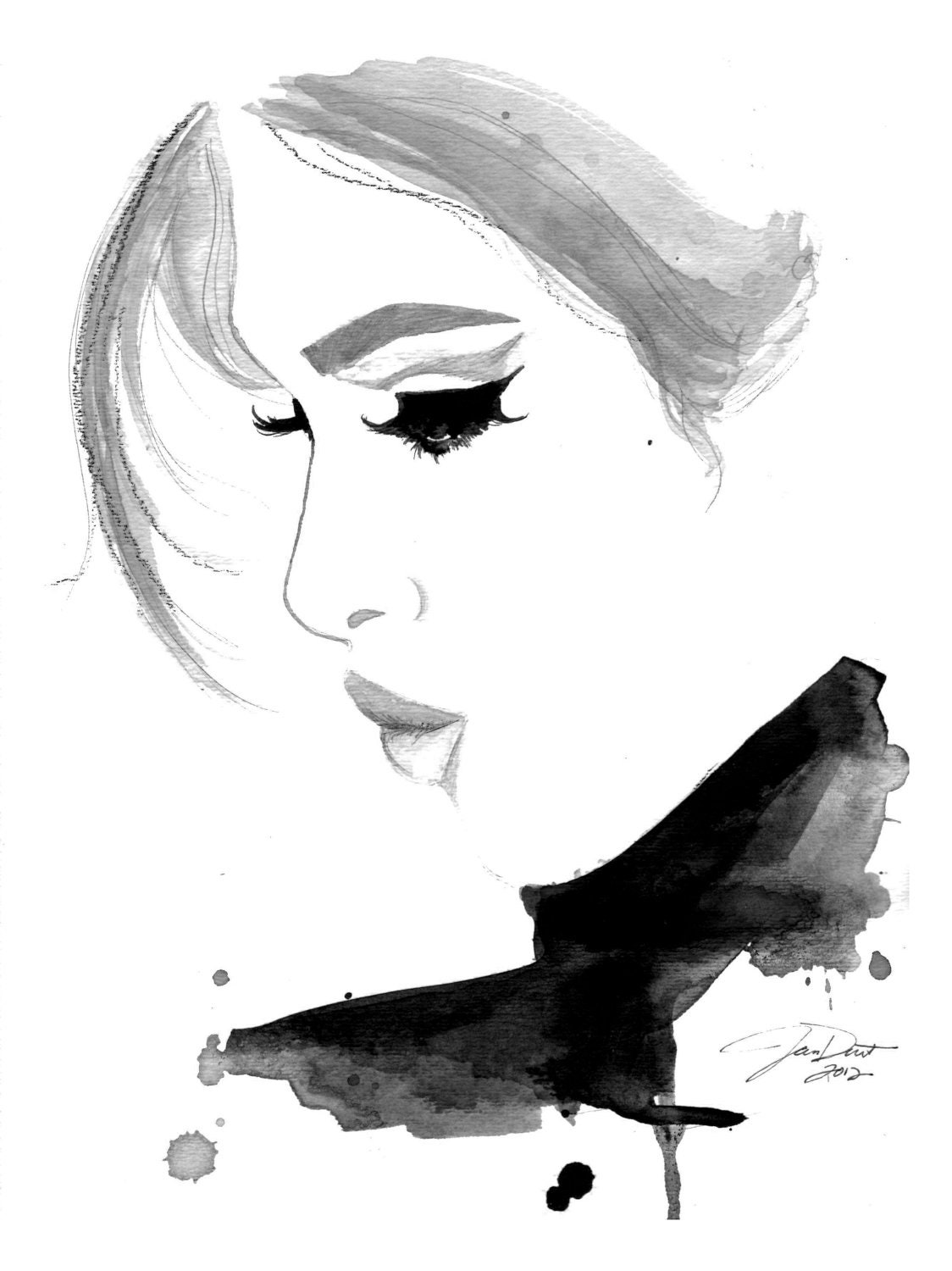 Original watercolor and pen fashion illustration by Jessica Durrant titled Fade into You