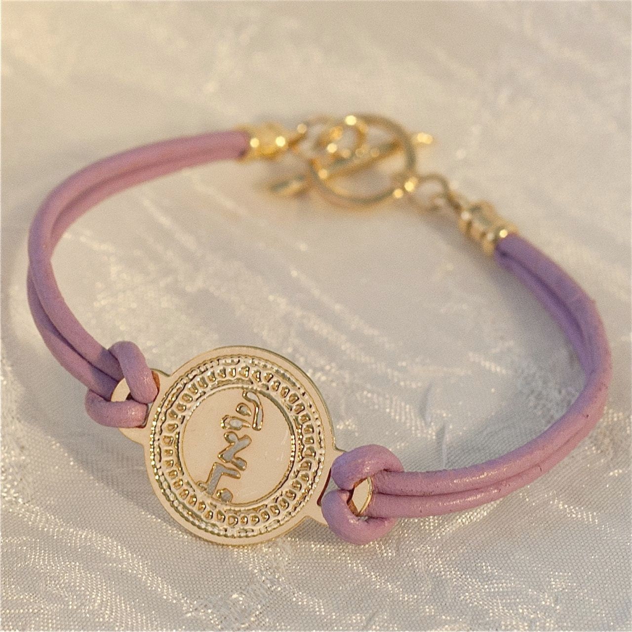 Kabbalah jewelry - gold coin on Light Purple leather - Micro Macrame- Judaica - gold bracelet- leather bracelet