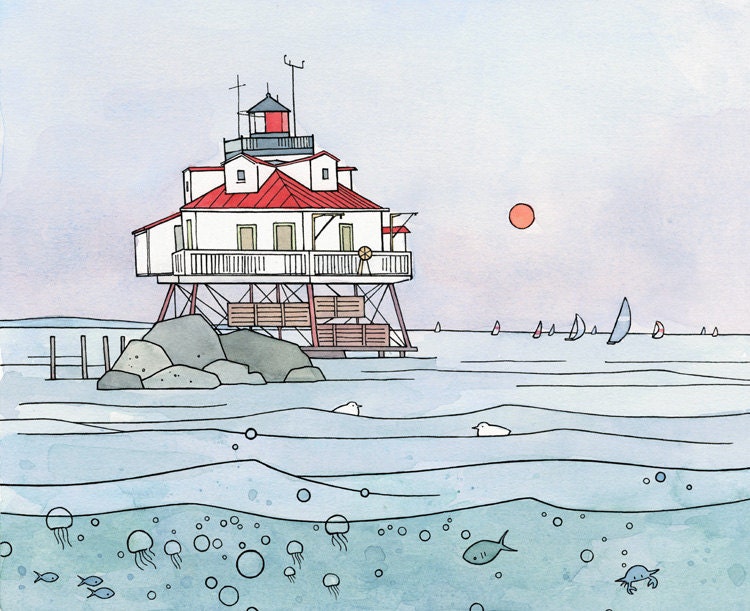 Whimsical Lighthouse Landscape Illustration Print 11x14