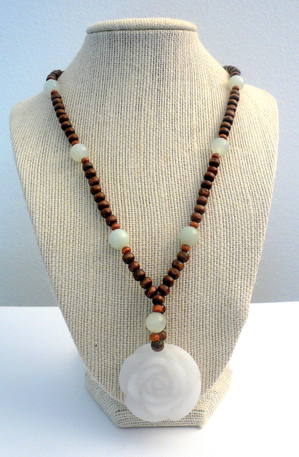 SALE... Carved White Jade carved Rose and Wood Necklace
