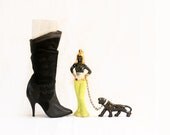 Vintage 1980s Tall Black Leather Boots Animal Print Stilettos . Women's Size 7 High Heels