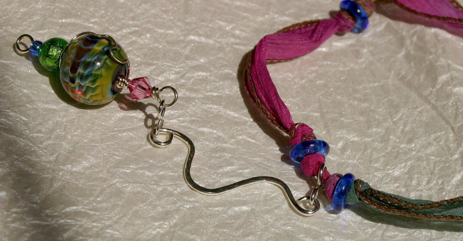 Lampwork Bead, Sterling Silver and Hand-Dyed Silk Ribbon Necklace