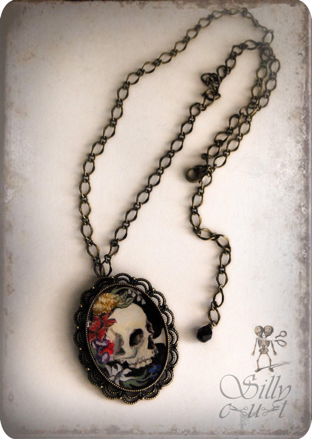 Reserved - necklace - wearable art, vanitas still life, skull, handpainted, gothic, mourning, momento mori, victorian, ooak