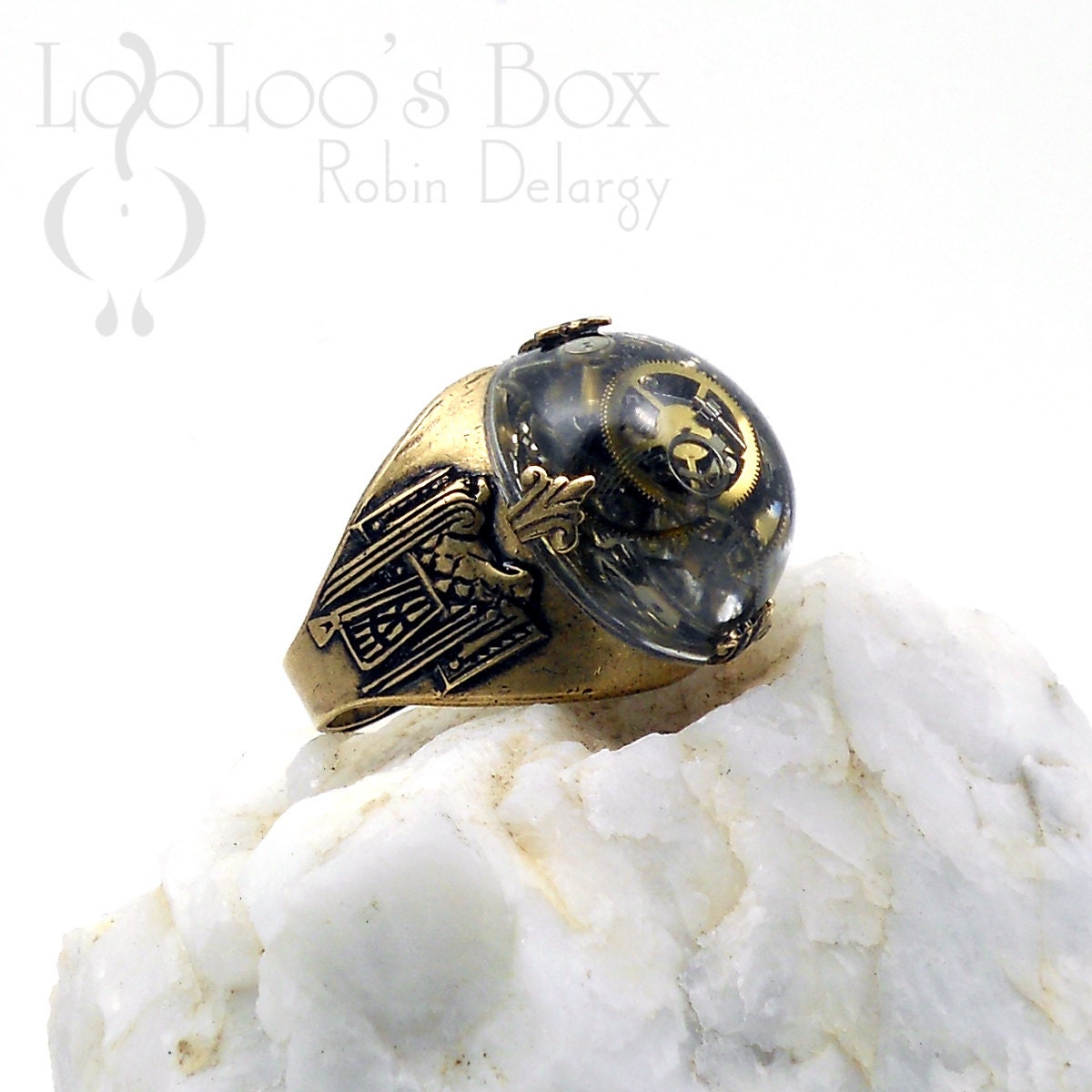 Unisex STEAMPUNK RING Hand Cast Cabochon Watch Parts on Ox Brass Shank Silverplate Setting Ice Resin R0066 by Robin Delargy LooLoo's Box