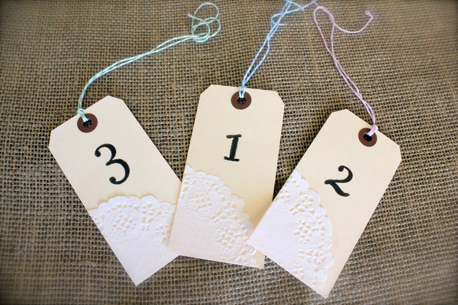 Wedding Table Numbers WISH TREE TAGS : Handmade Lace Tags with bakers Twine