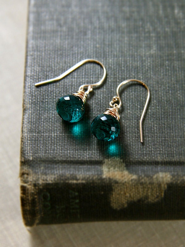 Small Teal Stone Earrings, Gold Filled Wire Wrapped Blue Green Gemstone Jewelry - Teal Brilliance