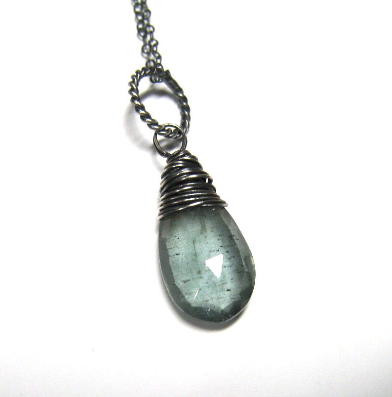 Moss Aquamarine Necklace,  March Birthstone,  AAA Aquamarine Briolette,  Wire Wrapped in Sterling Silver