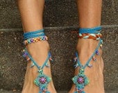 Blue HIPPIE BAREFOOT SANDALS crochet sandals beaded sandals foot jewelry beach wedding bohemian gypsy shoes crochet anklets