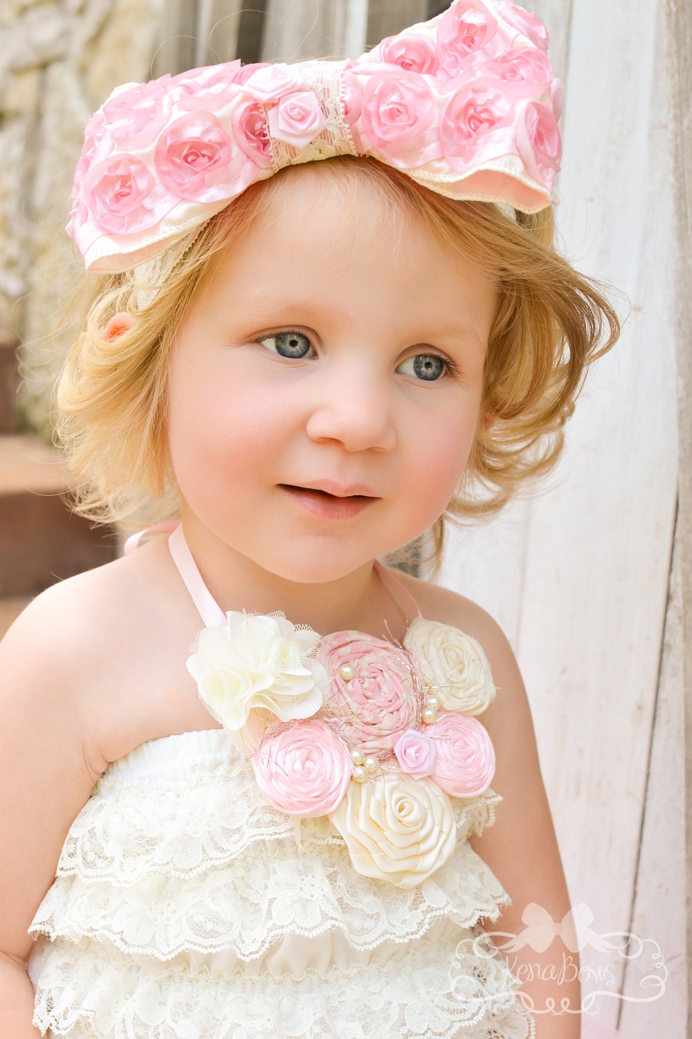Pink, Ivory, Rolled Rosette, Bib Necklace, Girl, Couture, Birthday, Wedding, Satin Flower, Pearl, Toddler, Fabric Roses