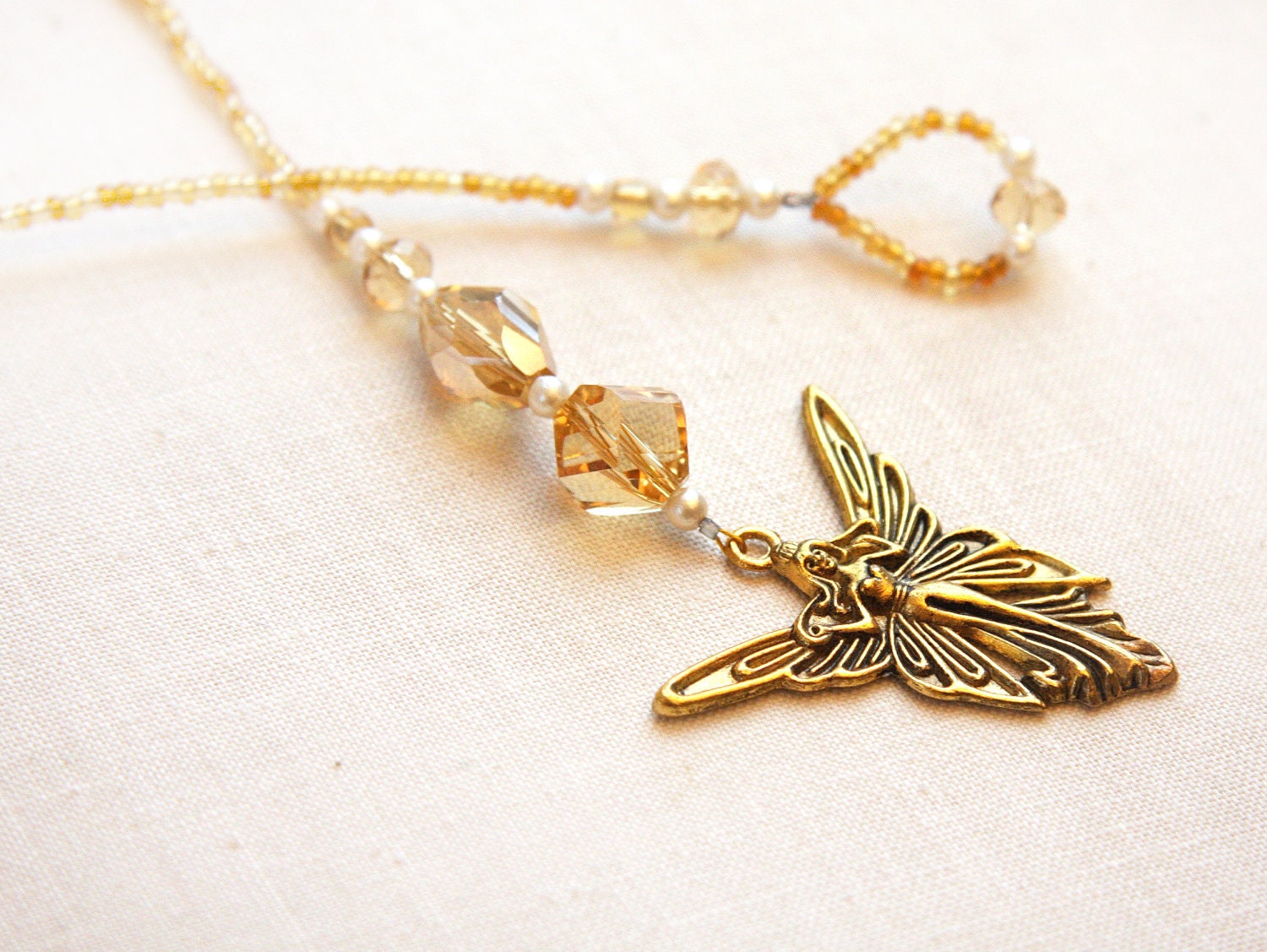 on Vacation / Beaded Bookmark, Lovely Golden Swarovski Crystals,  Pearls, Magical Angel Fairy Lady Butterfly Wings, perfect gift, tagt