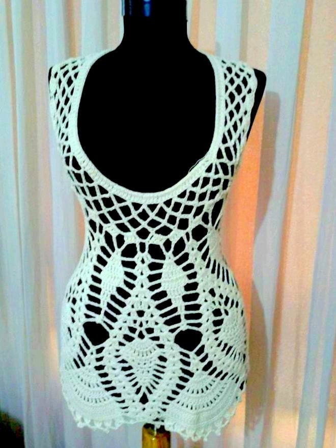Crochet White Top Tank Tunic with Pineapple Motif Swimsuit Cover Up Beachwear Wedding Festival Top Spring Summer Women Clothing