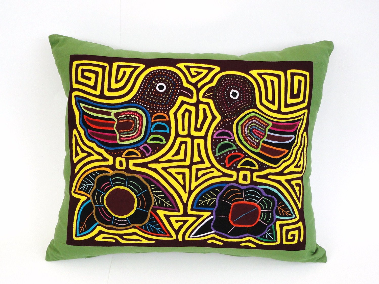 Decorative Throw Pillow Tropical Birds in Green Yellow and Garnet 16" x 19" (40.5 x 48cm)