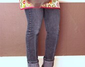 Women's half Modern Bistro Apron, red, green, denim with pockets.