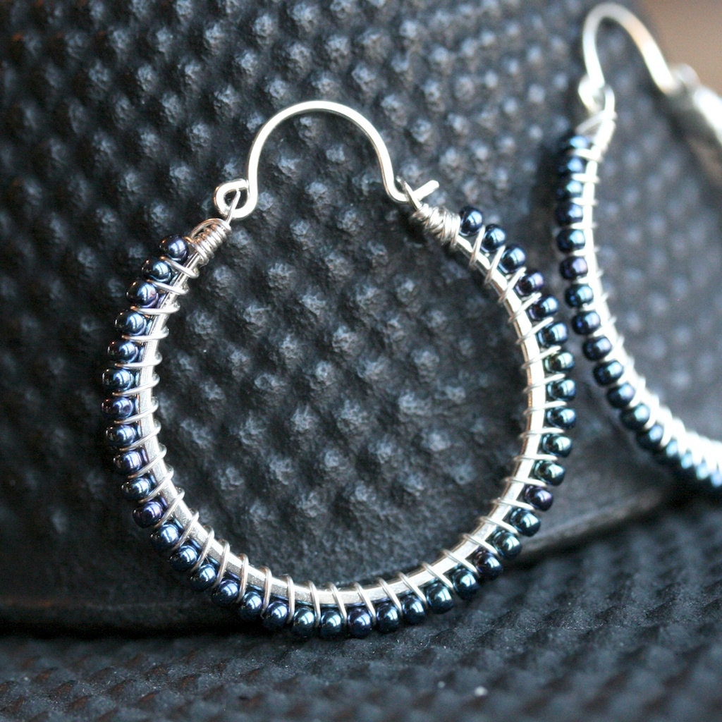 Handmade blue beaded hoops, large, sterling silver, Toho glass seed beads, silver hoops, wire wrapped, Mimi Michele Jewelry