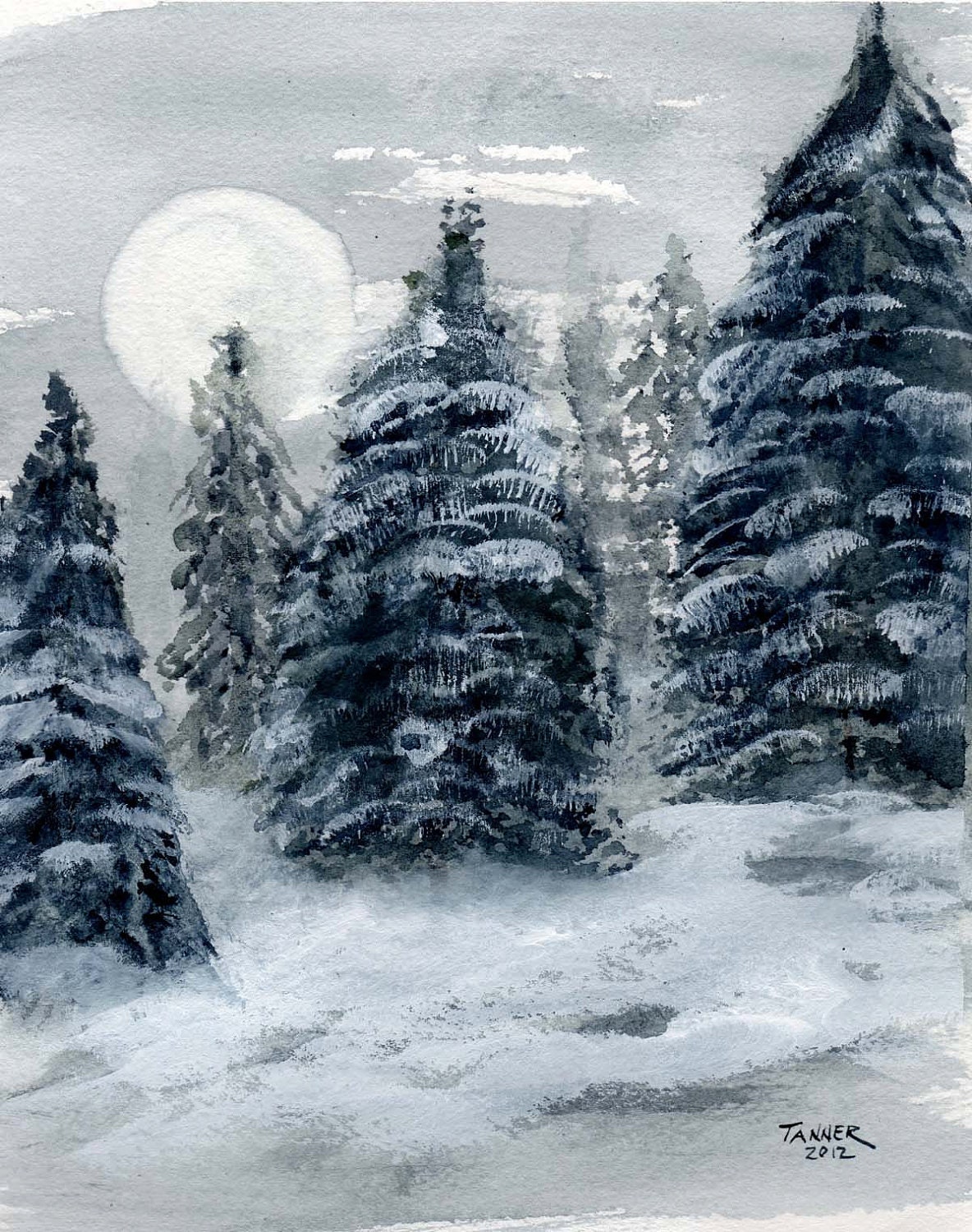 Watercolor print Art print of my original watercolor painting Winter landscape scene of snow covered pine trees full moon 8x10