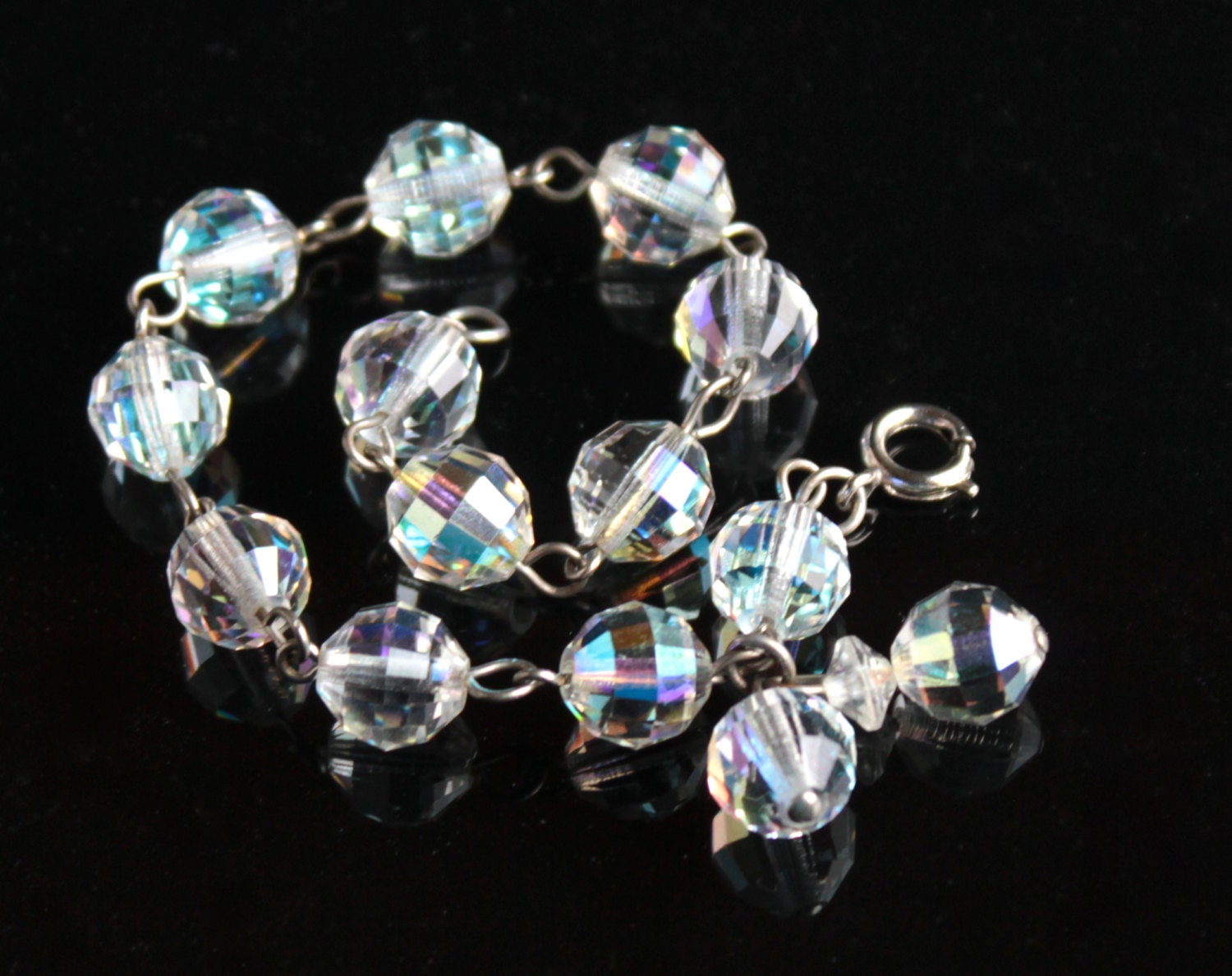 Vintage Aurora Borealis Crystal Bracelet - Clear Glass Bead Iridescent Costume Jewelry / Rainbow Facets