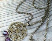 Prosperity Necklace - charm / pendant / antique brass gold / purple  / glass / faceted / chain