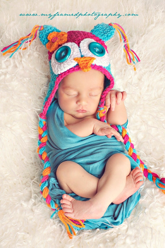 OWL Earflap Hat SOO CUTE- Customized Boy or Girl -Infants Toddlers and Children Photography Prop/ Cbbcreations