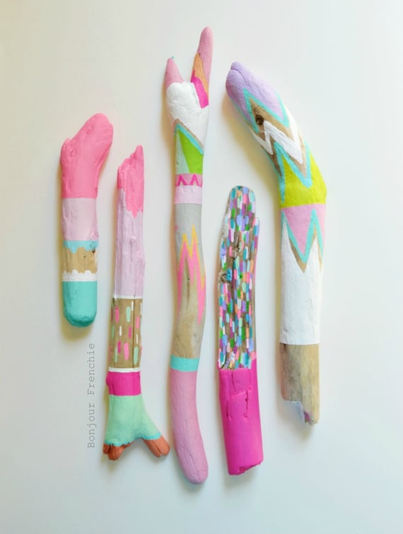 Painted Driftwood, Neon Stick Collection 5 Piece - Home Decor, Centerpiece, Pastel, Stripes, Triangles, Tribal, Scallop, Painted Stick, Fall