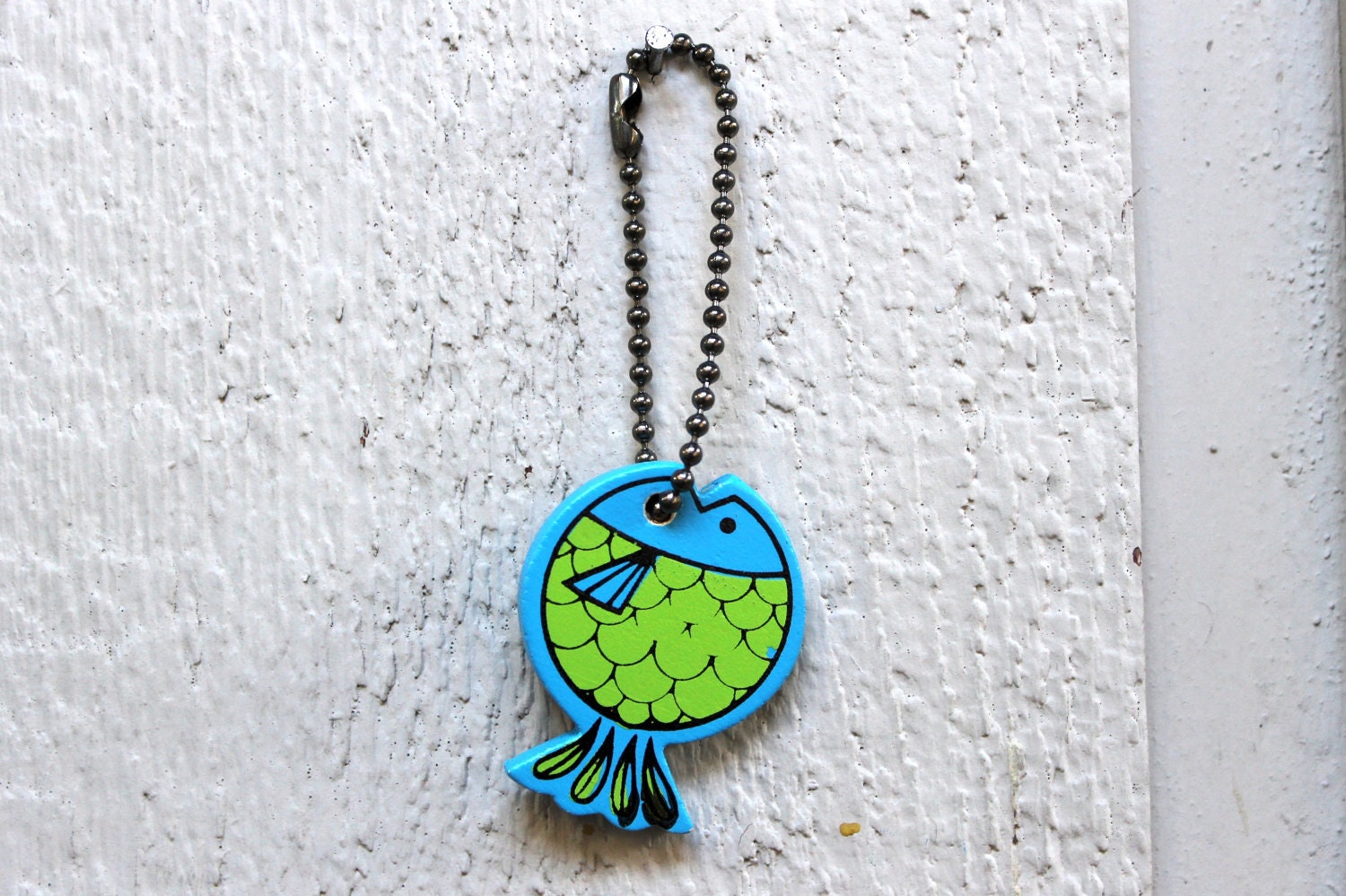 Vintage 1970s Blue and Green Wooden Fish Keychain