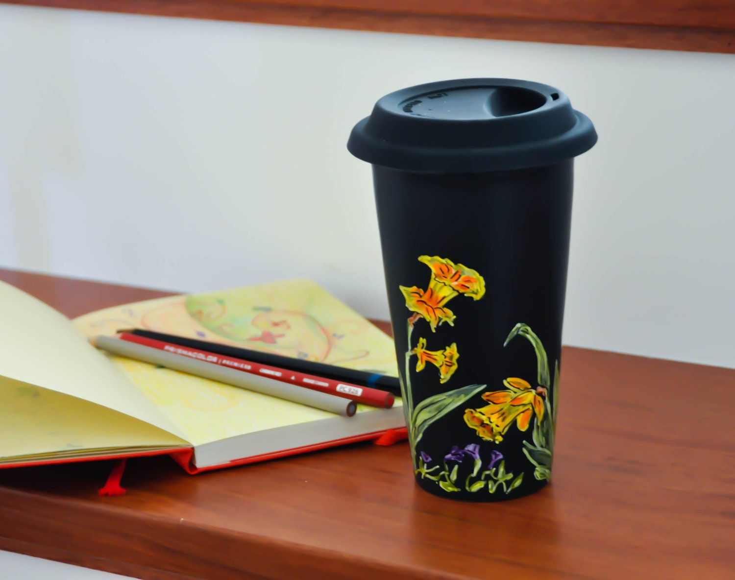 Chalkboard  Ceramic Travel Mug - Made to Order - Hand Painted Porcelain Eco Cup - Black Silicon Lid