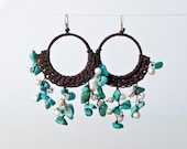 Turquoise Earring, Turquoise and Pearls, Blue and White Chandelier Earring, Party Wear Jewelry, Dangle Hoop Earring, Glam Summer Fashion