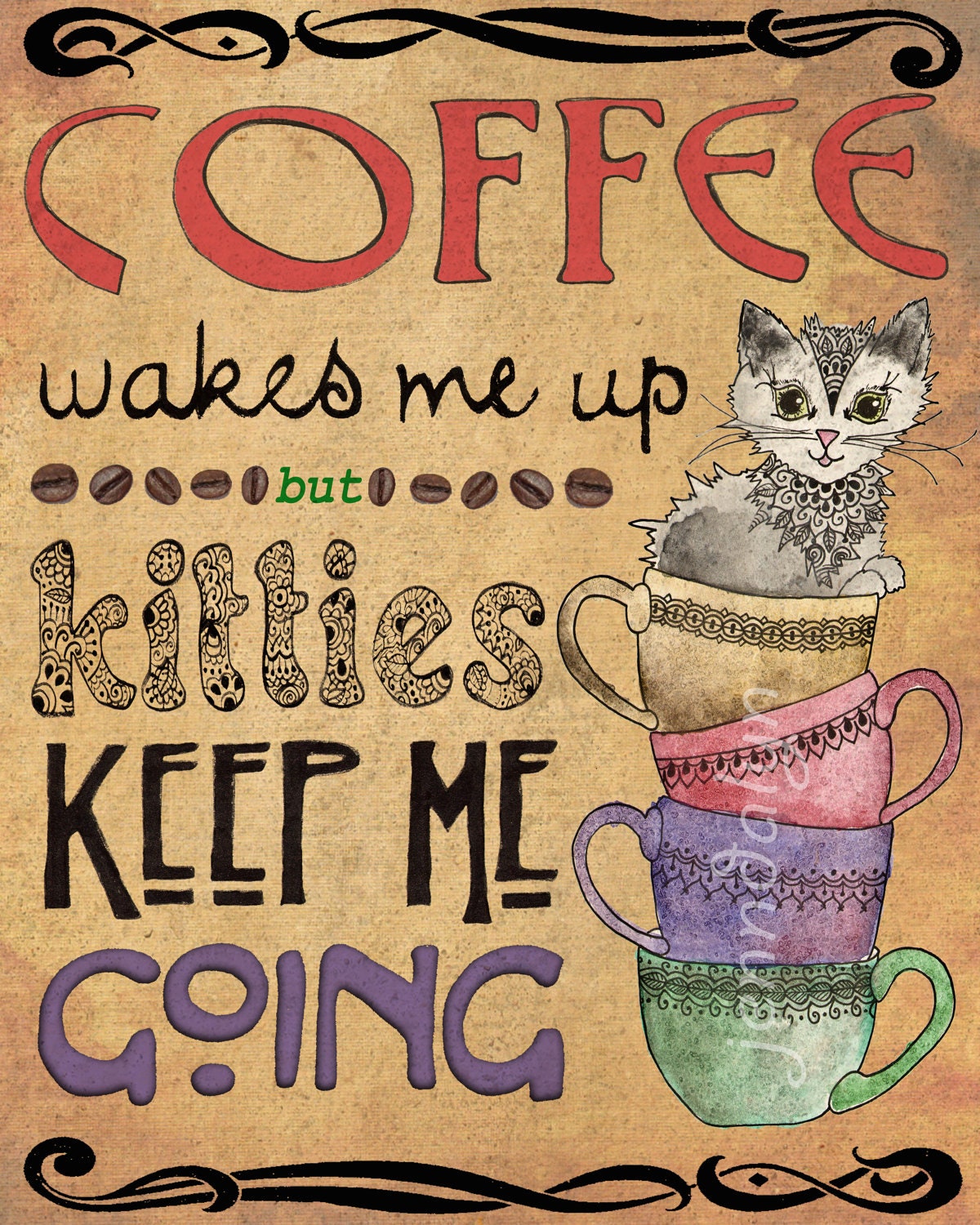 coffee poster coffee cups print kitties cat lover gift 8 x 10 PRINT art nouveau poster kitchen art decor