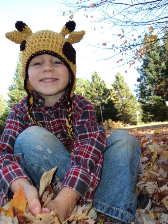 Giraffe Hat- Crochet Earflaps- yellow and brown