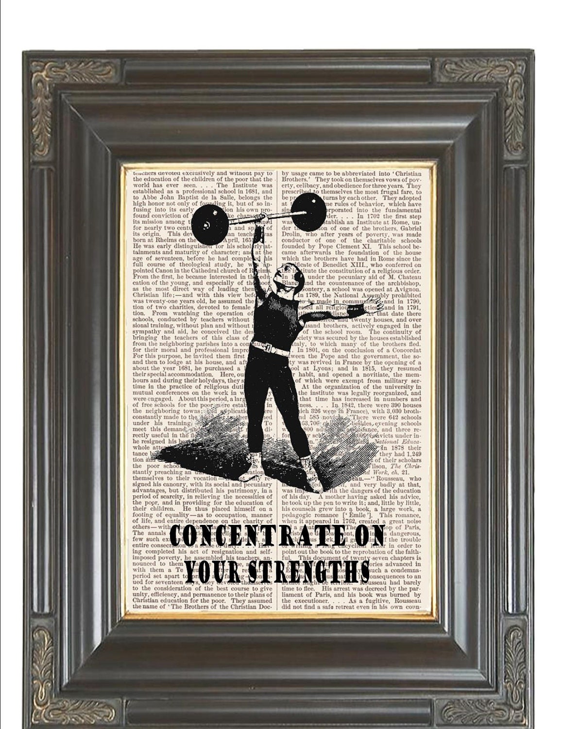 BOGO SALE Vintage circus strongman Barbell Dictionary page art print Strength Printed on 100 year old dictionary book page.  Item No. 373