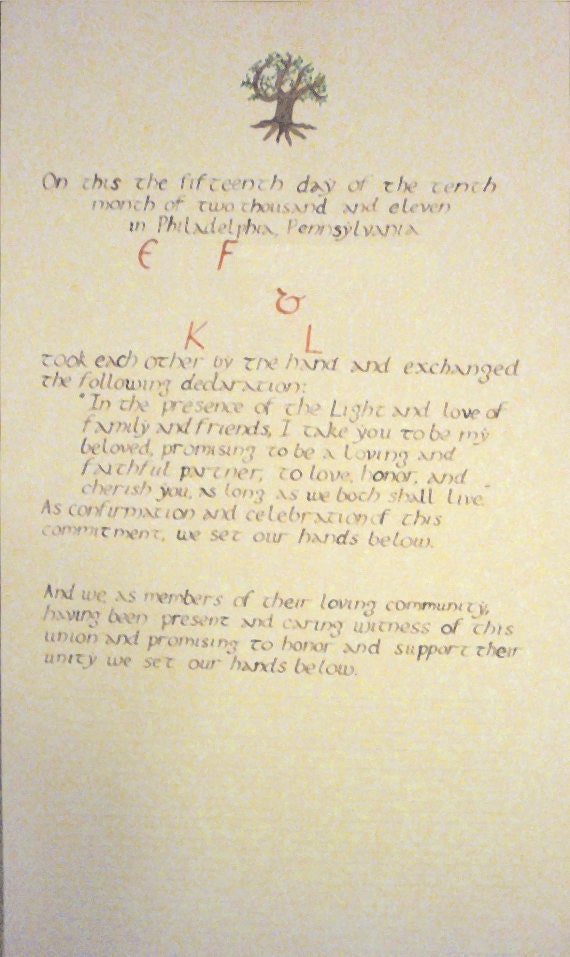Non-Traditional Quaker wedding certificate, short text, hand calligraphy, personalized