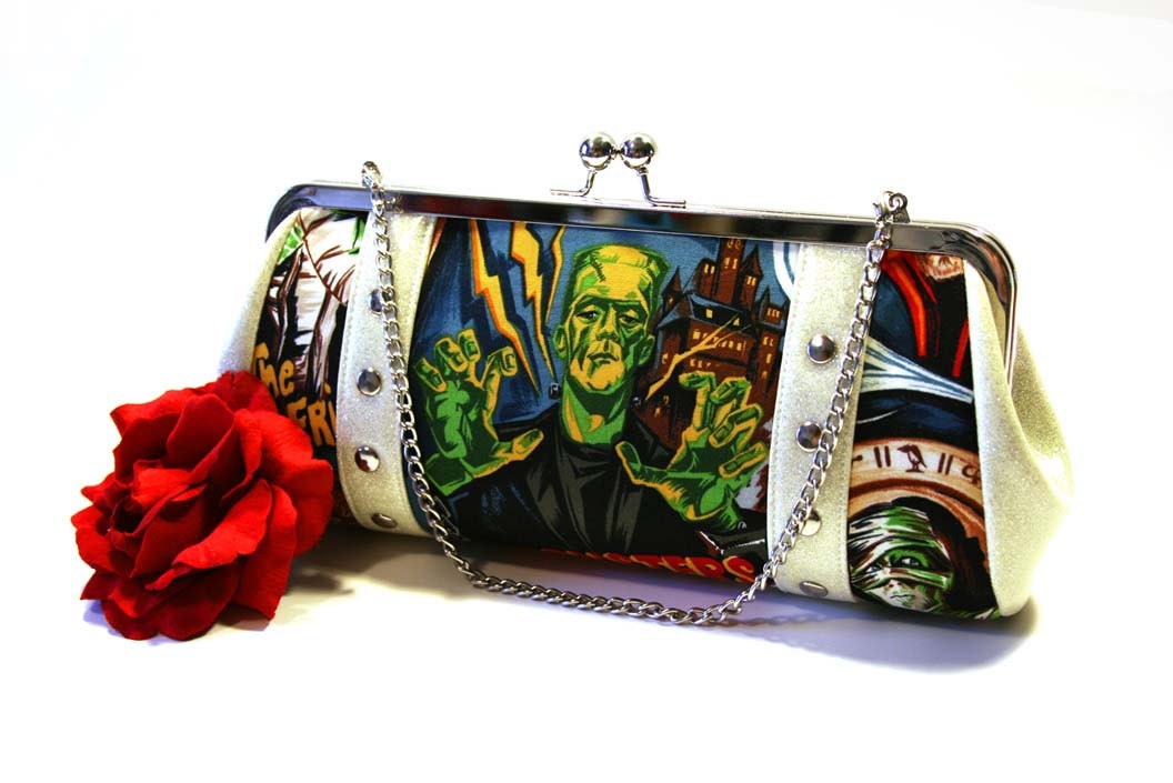 Monster Movie Clutch with Your Choice of Vinyl, Psychobilly Horror Halloween Bag - MADE TO ORDER