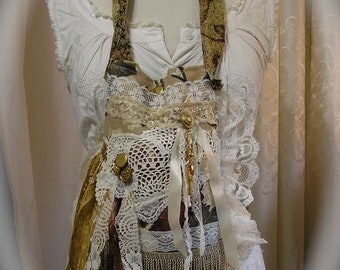 Shabby French Handbag, whimsical handmade designs of fringe fabric bag doily beads buttons lace embellished, SMALL