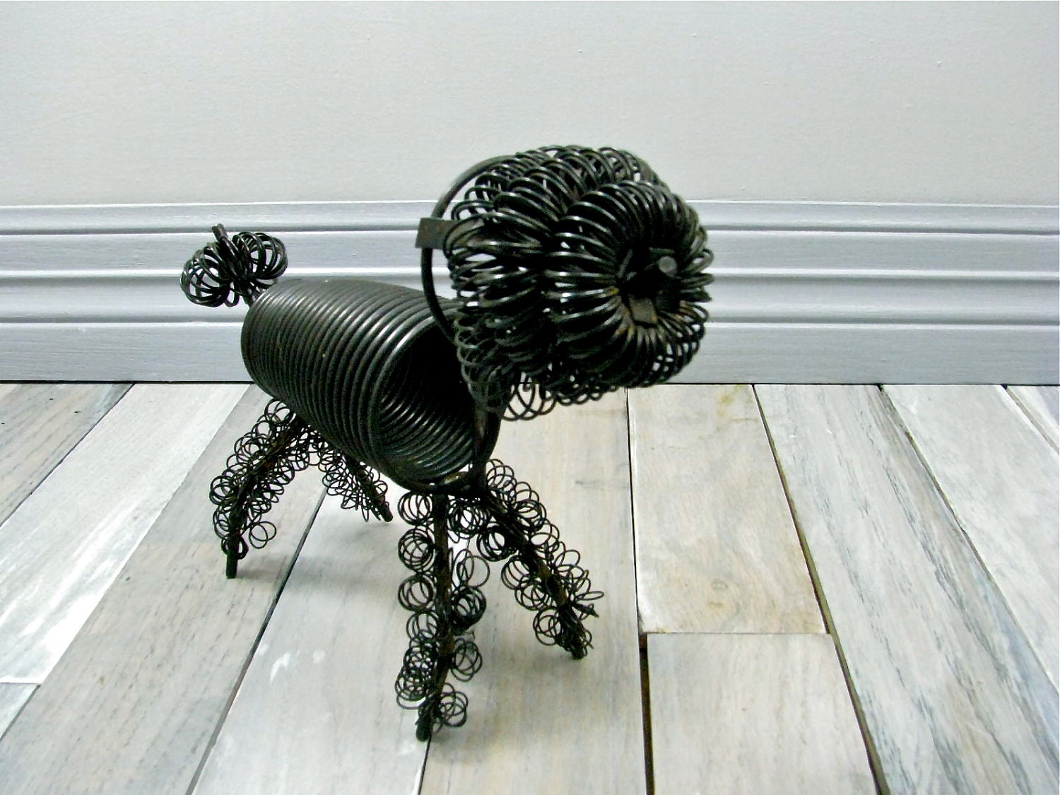 Curly Black Poodle Sculpture.  Metal