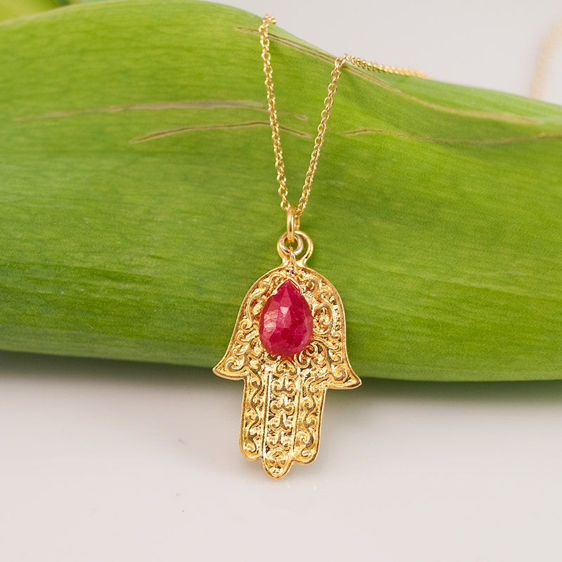 Ruby Necklace - July Birthstone Necklace - Gold Hamsa Hand Necklace - Good Luck Hand Necklace