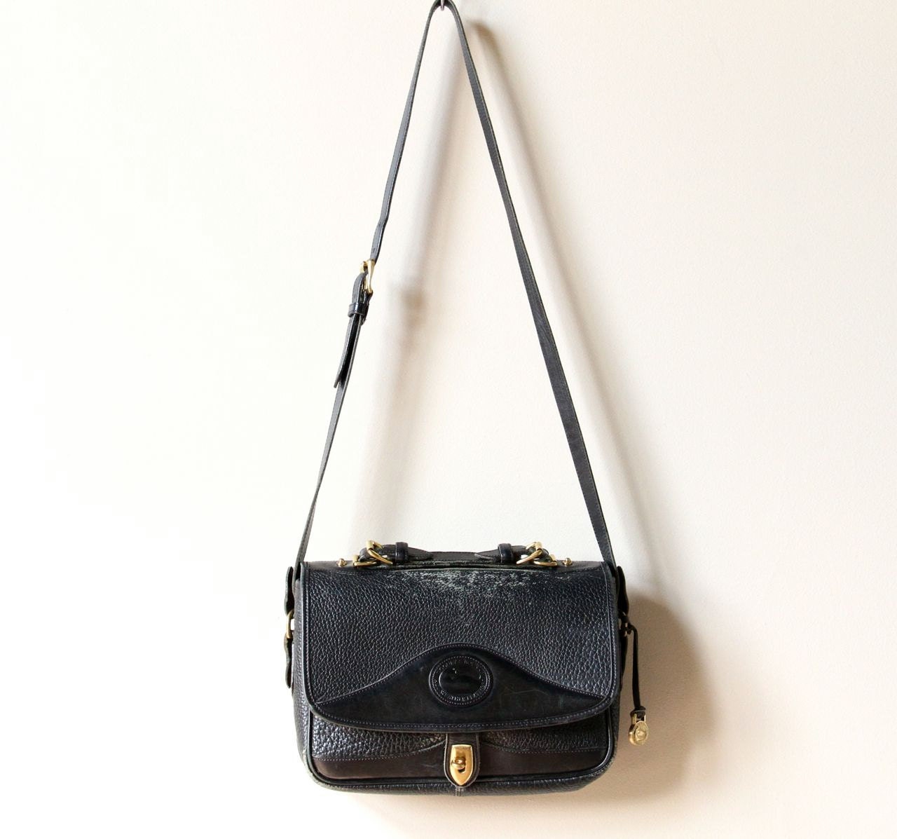 Dooney & Bourke Purse, 80s distressed black all weather leather attache satchel, convertible, cross body bag, shoulder strap OR handbag