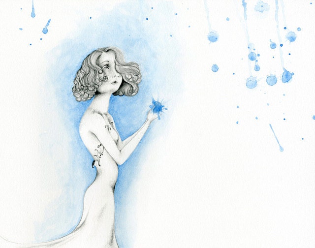 Pencil Drawing an Original Pencil Drawing Fine Art Fantasy Illustration / Drawing Blue Black and White