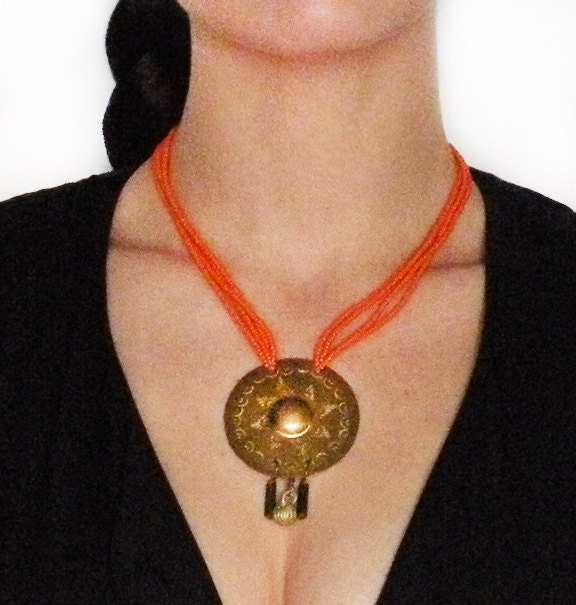 sun goddess - orange beaded antique gold tribal shield pendant necklace