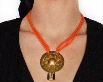 sun goddess - orange beaded antique gold tribal shield pendant necklace
