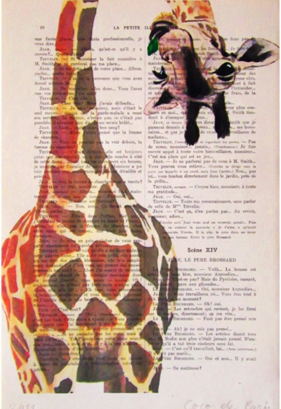 Original Illustration Digital Print Mixed Media  Art Poster Acrylic Painting Holiday Decor Drawing Gifts: Giraffe with green leave