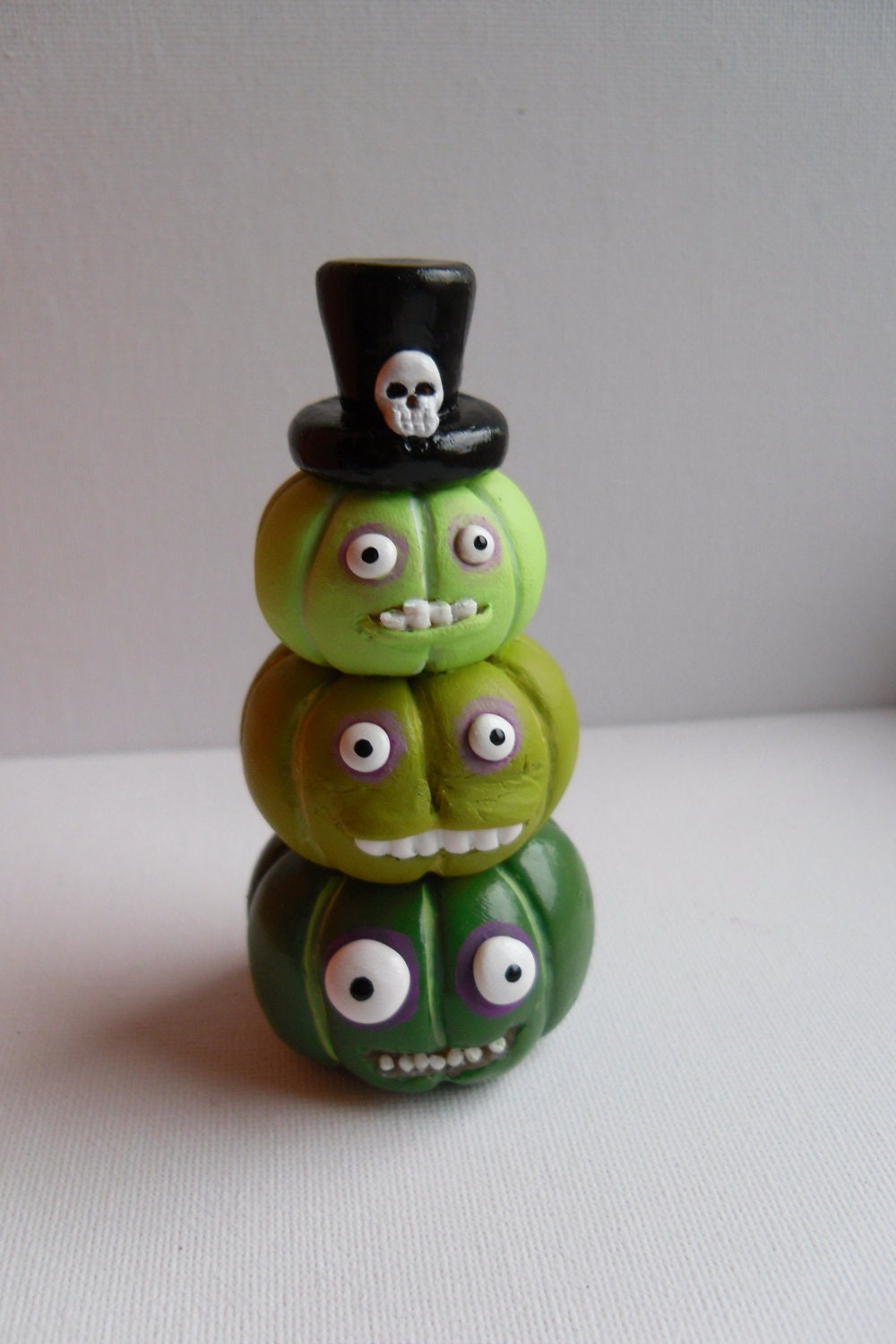 Halloween Pumpkins - The Voodoo Brothers - Stack of Three Green Pumpkins - Clay Sculptures - OOAK - Erinle